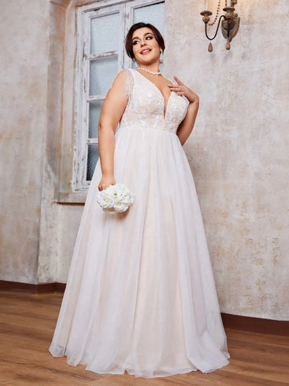 Mgiacy plus size V-neck embroidered lace Patchwork beaded chain fringe gauze wedding gown Full skirt Evening gown Ball dress