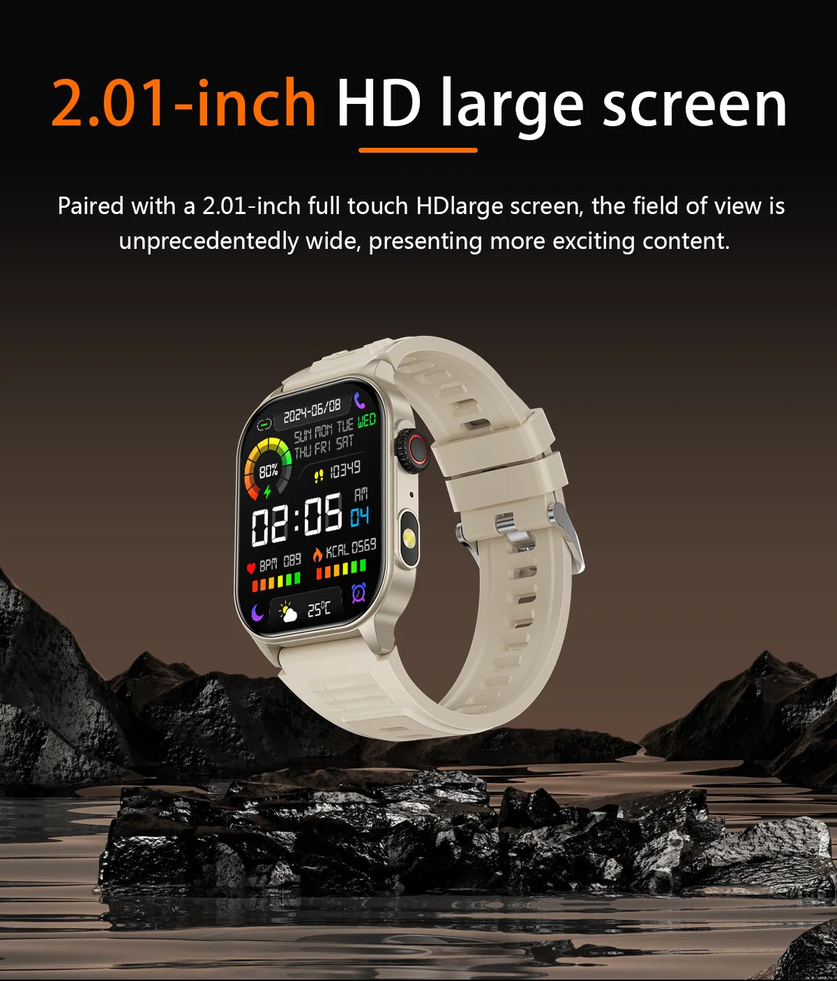 LIGE New Smart Watch LED Flashlight Military Sport Watches 2.01'' Screen Health Monitor Bluetooth Call Waterproof Smartwatch Men
