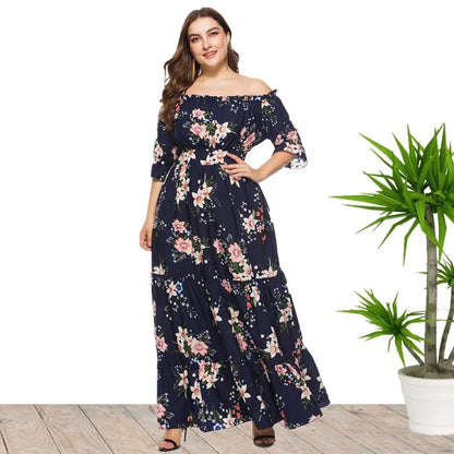 Plus Size Sexy Off Shoulder Floral Print Bohemian Summer Holiday Dresses For Women