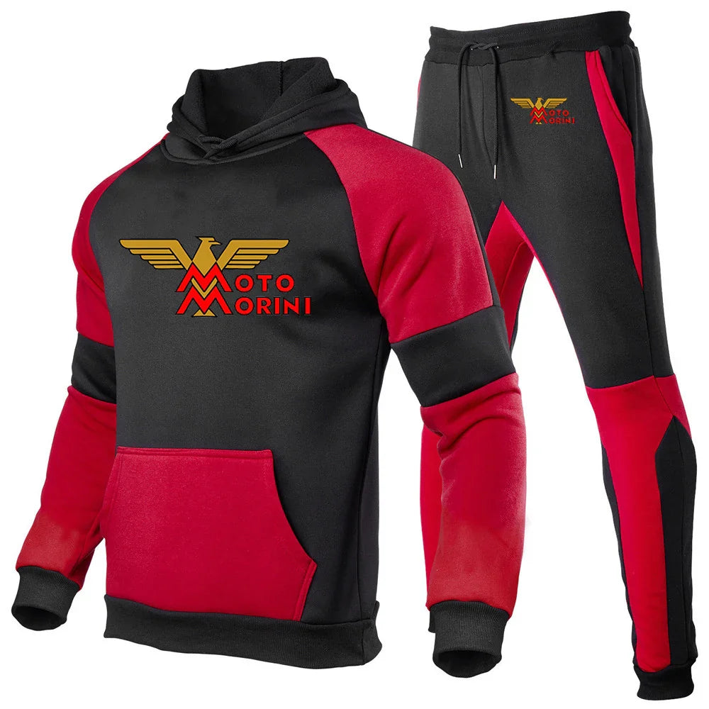 2024 Spring Autumn Men's Moto Morini Logo Print Sports Splicing Cotton Hooded Tracksuit+Jogging Sweatpants Trend Comfortable Set