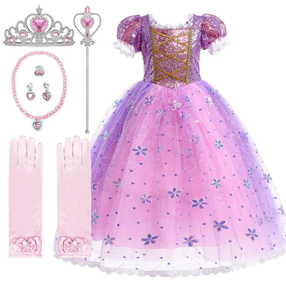 Children Halloween Costume Little Girls Rapunzel Costume Sequins Purple Dress