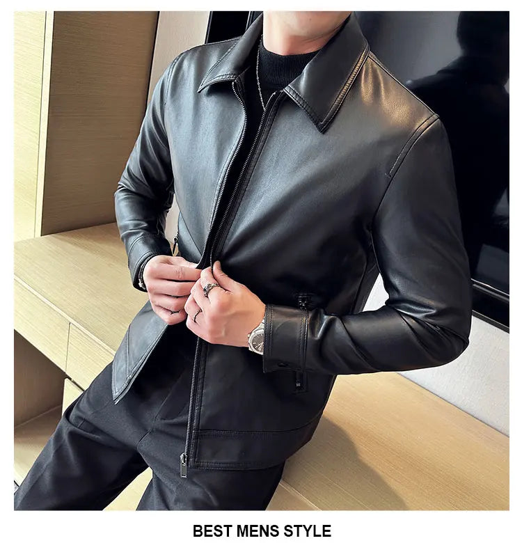 Men Bomber Leather Jacket Anti-wind Lapel Solid Casual Slim Fit Jacket