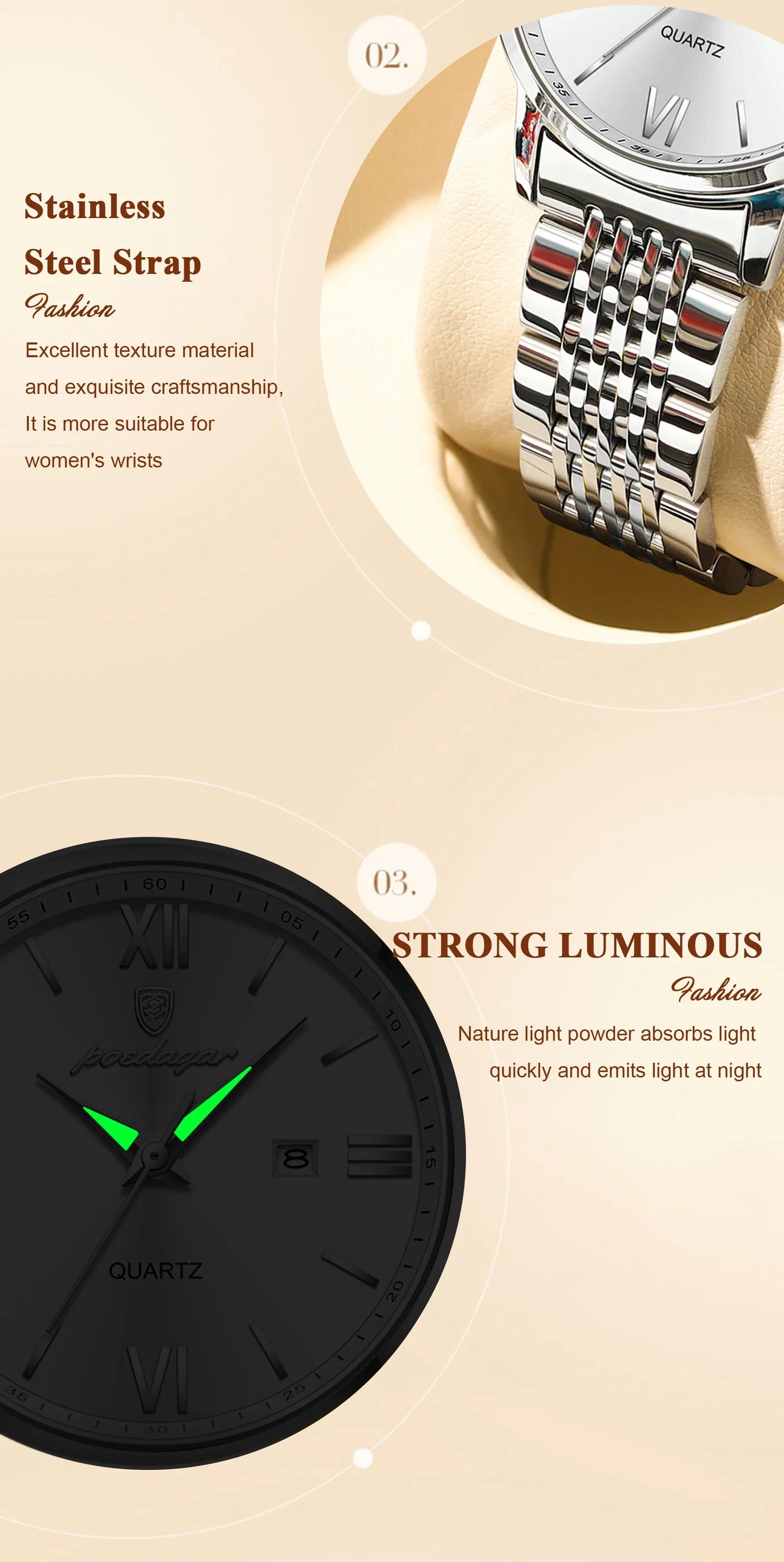 POEDAGAR Original Fashion Watch For Woman Waterproof Luminous Date Ladies Watch Stainless Steel Quartz Business Women's Watches