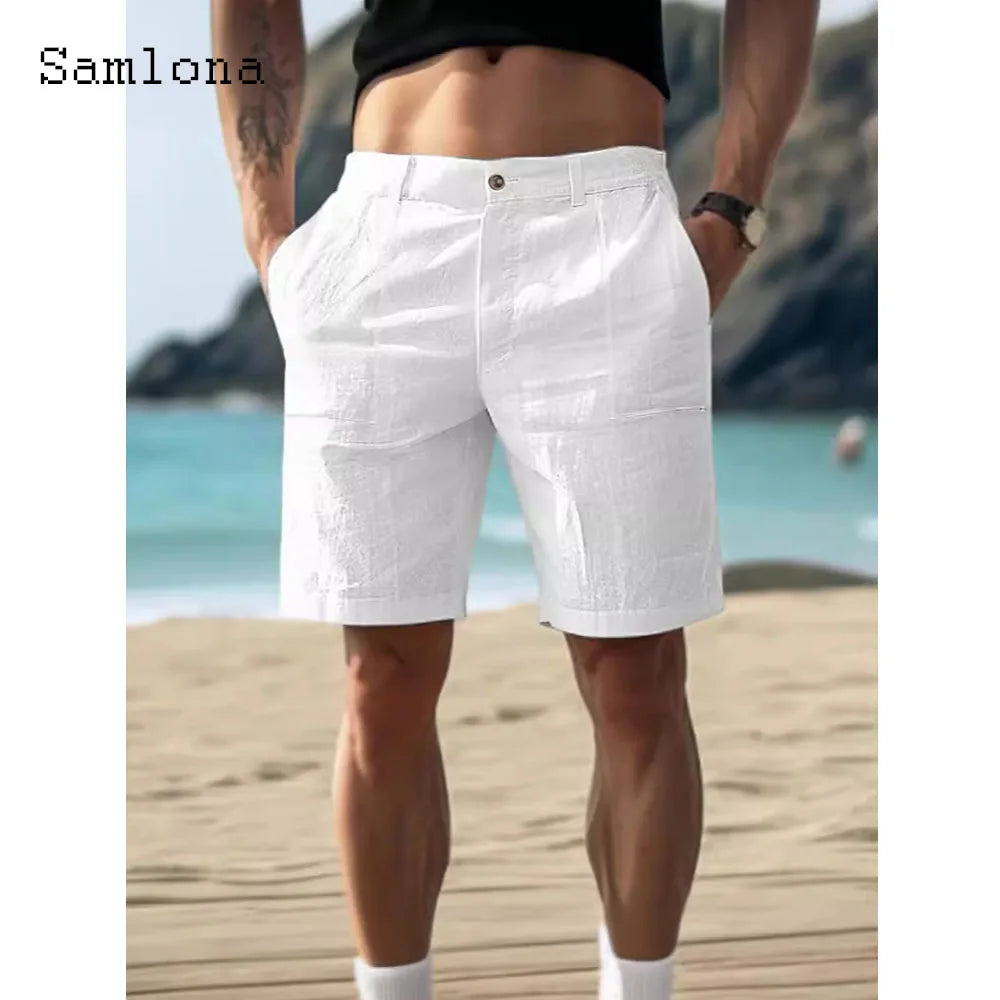 Samlona Mens Vintage Stand Pocket Cotton Linen Shorts Male Casual Beach Short Pants Solid White Khaki Button Fly Hotpants New