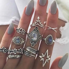 Geometry Retro Rings for Women Boho Inlaid Zircon Carved Starry 11/Pcs Rings