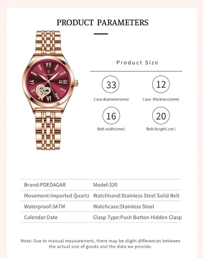 POEDAGAR Luxury Watches For Women Waterproof Luminous Date Stainless Steel Woman Watch Elegant Fashion Quartz Ladies Wristwatch
