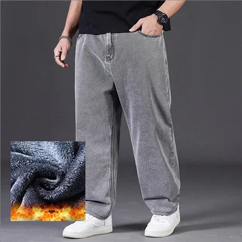 Plus Size Jeans for Men Winter Warm Wide Leg Jeans 30-48 Loose Long Pants Baggy Jeans
