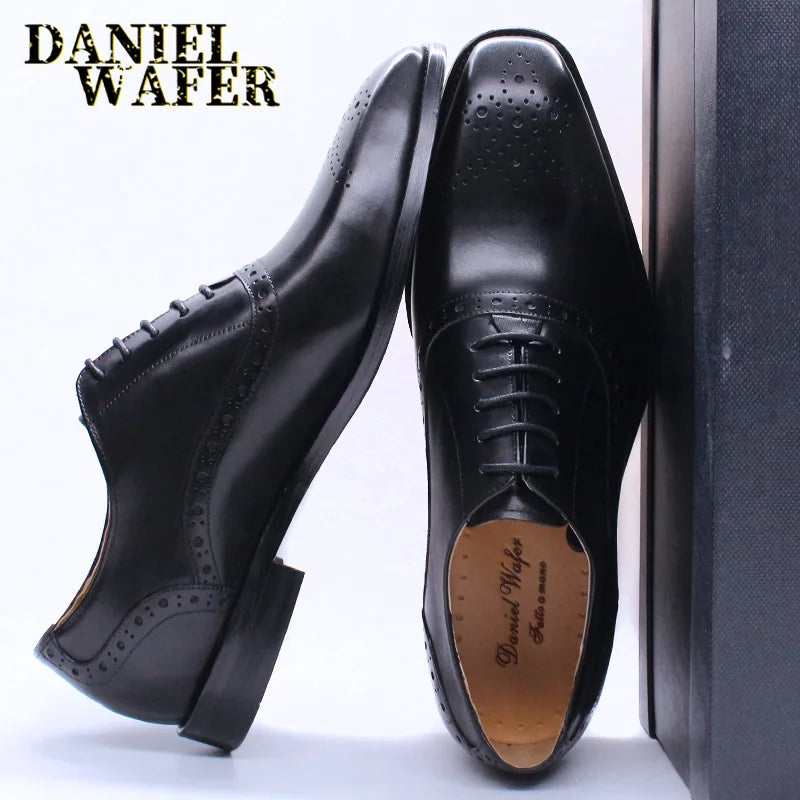 Men's Luxury Brand Shoes Fashion Brogue Formal Black Blue Lace-Up Wedding Office Dress Genuine Leather Oxford Shoes for Man