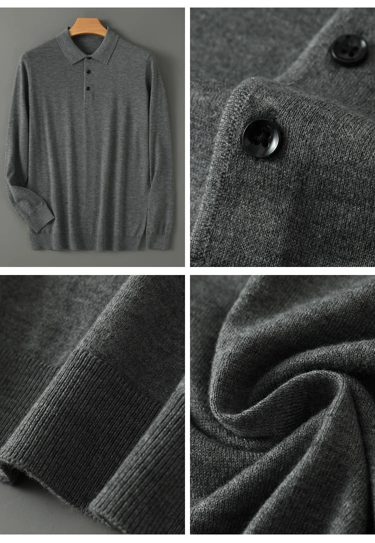 Spring Autumn Men Shirt  Merino Worsted Wool Knitted Pullover Long Sleeve Polo-Collar Clothing Tops Smart Casual Thin Outerwears