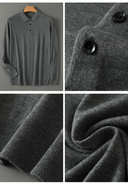 Spring Autumn Men Shirt  Merino Worsted Wool Knitted Pullover Long Sleeve Polo-Collar Clothing Tops Smart Casual Thin Outerwears