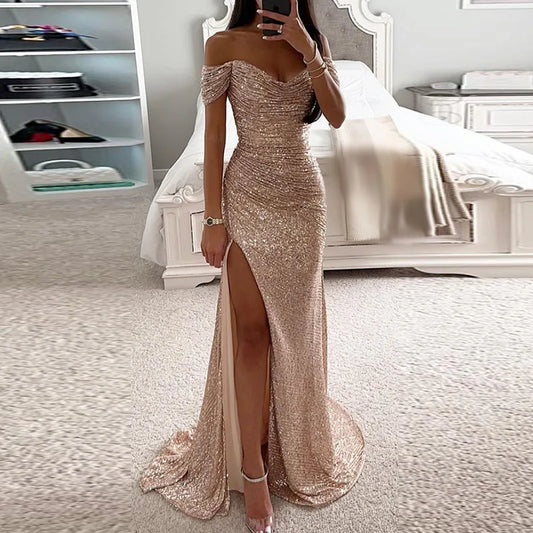 Women Slash Neck High Split Gown Evening Dress Sequins Sharkly Slim Hips Long Dress