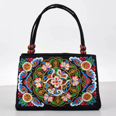 Stylish Floral Embroidered Handbag, Trendy Zipper Canvas Bag, Women's Fashion Purses