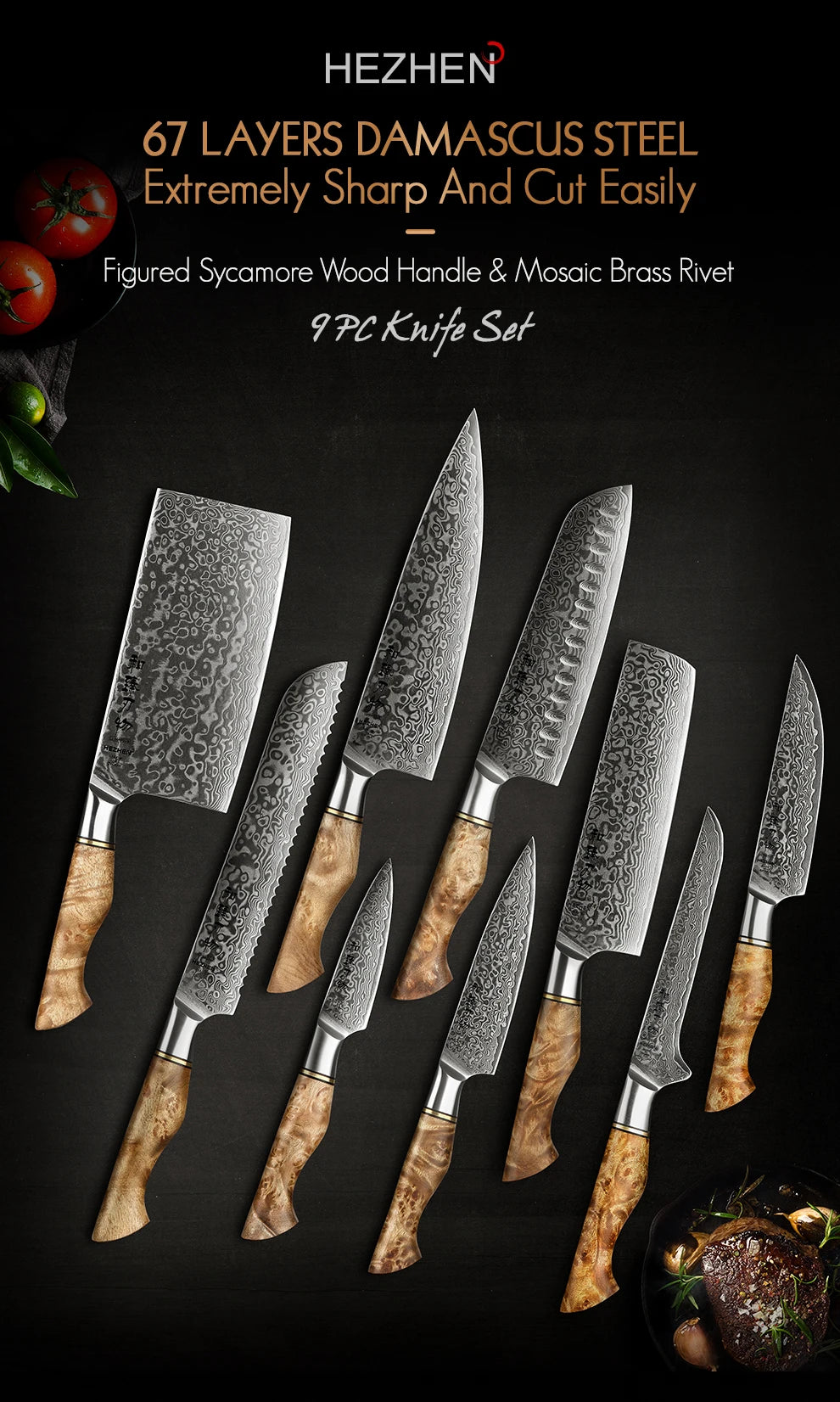 Kitchen Knife Set 1-7PC Damascus Steel knives Chef Knife Kitchen