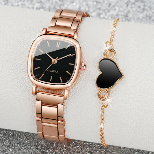 2PCS/Set Women's Watch Fashion Square Stainless Steel Band Quartz Watches Heart Bracelet Set