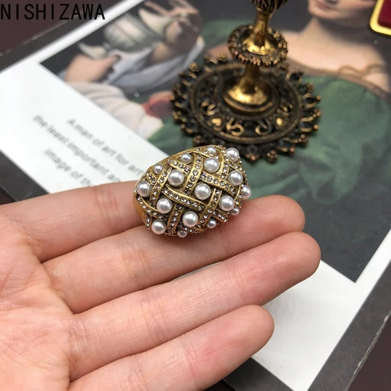 NISHIZAWA Pearls Stud Earrings for Women Inlaid Rhinestones Palace Style Elegant Jewelry Geometric Hyperbole Aretes De Mujer