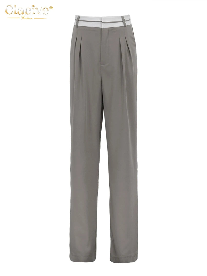 Elegant Loose Gray Office Women Pants Fashion High Waist Straight Trousers