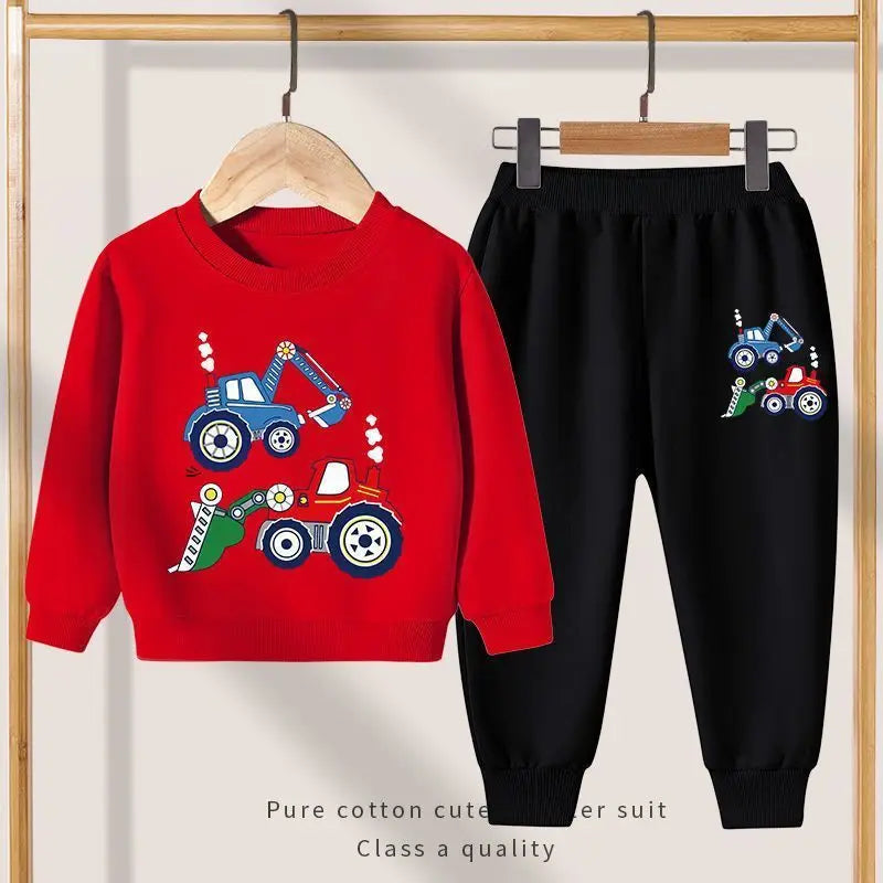 Autumn Boys Kids Clothing Sets Car Print Long Sleeved Loose Pullover Sweatshirts+Pocket Long Pants 2 Piece Children's Sweatsuits