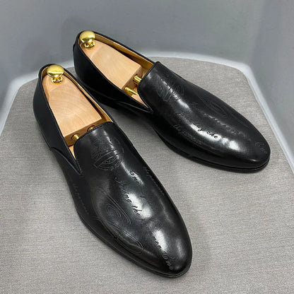Italian Style Hand Painted Letter Men Shoes Genuine Cow Leather High Quality Formal Dress Shoes Loafers Business Wedding Shoes