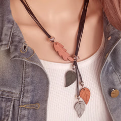 Wood Leaf Pendants Necklace Vintage Handmade Retro Statement Necklace for Women