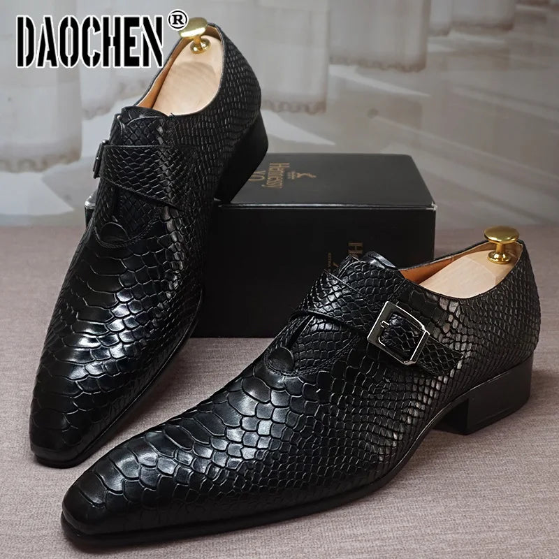 Luxury Men's Loafers Dress Shoes Snake Prints Formal Men Casual Shoes Black Brown Monk Loafers Office Wedding Leather Shoes Men