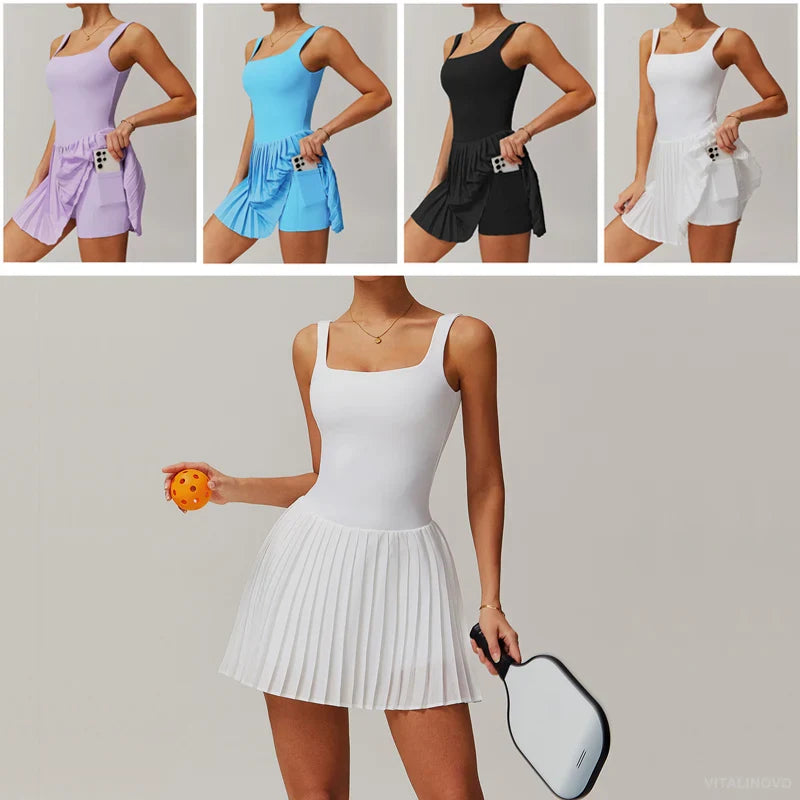 VITALINOVO Workout Tennis Dress with Built in Shorts Square Neck Padded Workout Dress with Pockets Golf Athletic Mini Dresses