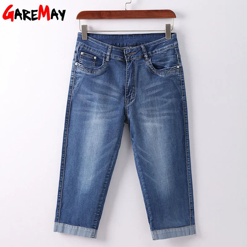 Plus Size Skinny Capris Jean Women Female Stretch Knee Length Denim Trouser