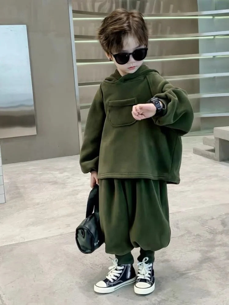 Boys' Cool-Style Autumn-Winter Polar Fleece Two-Piece Outfit