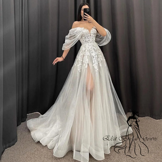 Ivory A-Line Wedding Dresses Women V-Neck Short Sleeves Long Bride Dress