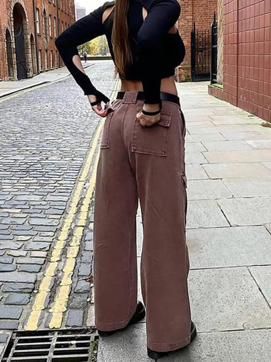 Women Wide Leg Baggy Brown Jeans Lady Vintage Y2K Punk High Waist Loose Denim