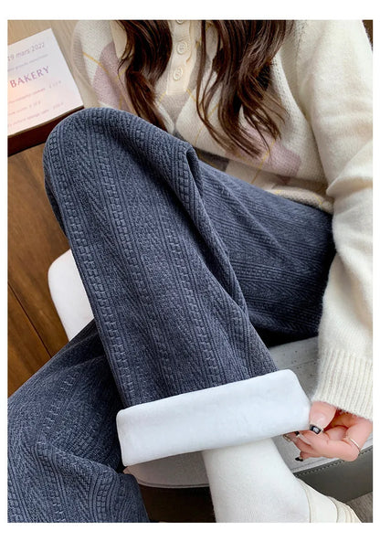 Striped Sweatpants Women Streetwear Thick Wide Leg Pants Straight Fleece-lined