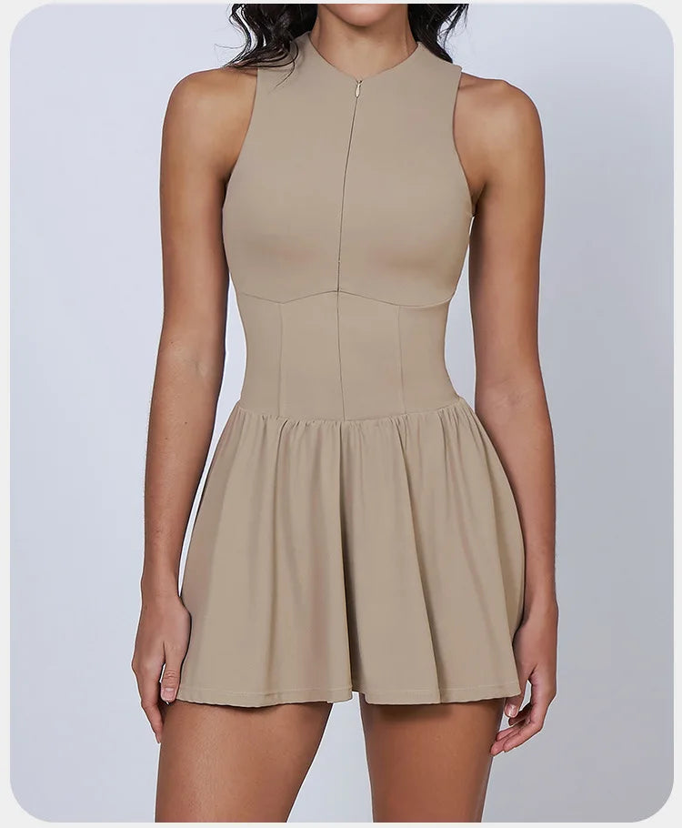 BIANHUI Women's Summer Sundress Fake Two-Piece Stand Collar Dress Running Anti-Exposure Base Layer A Flared Tennis Skirt