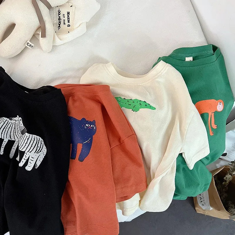 Animal Pattern Baby Boys Girls Short Sleeve Tops Kids Tees Summer Clothing Loose Fashion Trendy Children's Wear T-shirt O-neck