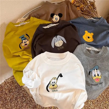 Disney T-shirt New Cartoon Print Long Sleeve Tops Mickey T Shirt Solid Color Versatile Base Shirt Boys And Girls Printed Tees