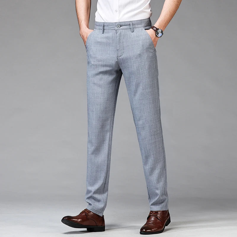 Men's Straight-fit Casual Pants Summer Business Straight Stretch Light Grey Khaki