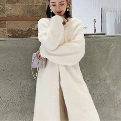 white Long Cardigan for women winter clothes Knitted fluffy long sleeve Cashmere