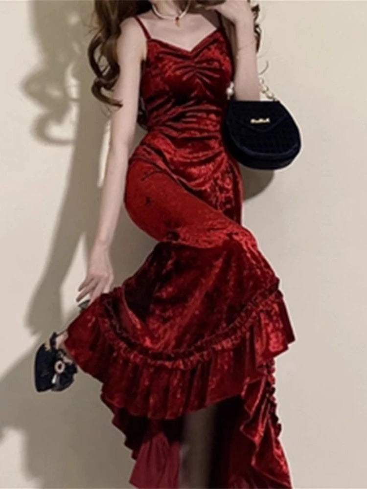 Formal attire Dresses: Velvet Long Dress Women Elegant Slim Spaghetti Strap Folds Dress