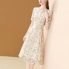 EVNISI Chic Floral Printing Women Chiffon Dress O-Neck Elegant Apricot Office