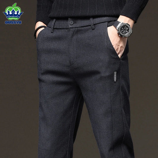Cotton Long Pants Men Thick Suit Elastic Waist Slim Business Casual