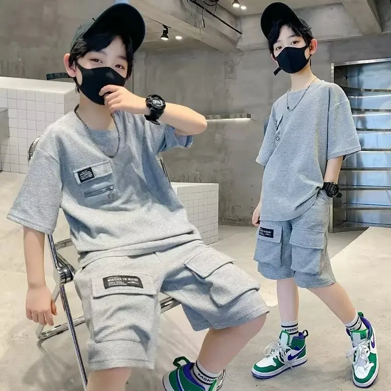Boys Short Sleeve Sets Summer Big Kids Loose Sport Casual Clothing Suit Teen T-Shirt Tops+Shorts 2Pcs Children Fashion Outfits