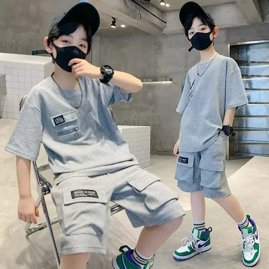 Boys Short Sleeve Sets Summer Big Kids Loose Sport Casual Clothing Suit Teen T-Shirt Tops+Shorts 2Pcs Children Fashion Outfits