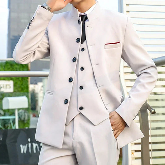 Men's Casual Boutique Solid Color Slim Suit Stand Up Collar 3 Piece Set Blazers Jacket Pants Coat Trousers Vest