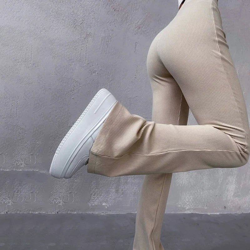 Autumn Solid High Waist Hip-Wrapping Elasticated Embossing Trousers