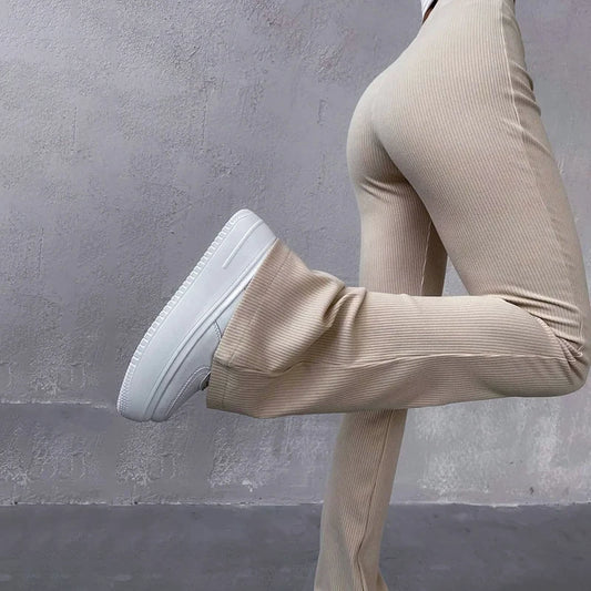 Autumn Solid High Waist Hip-Wrapping Elasticated Embossing Trousers