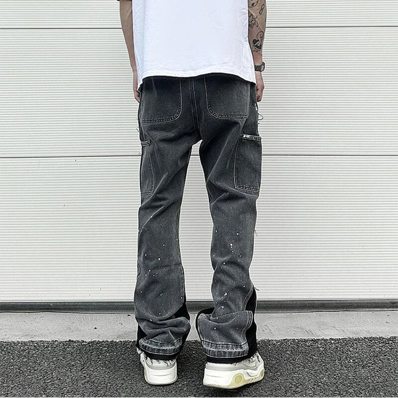 Graffiti Black Flared Denim Pants Mens Vintage Hip Hop Patches Splashed