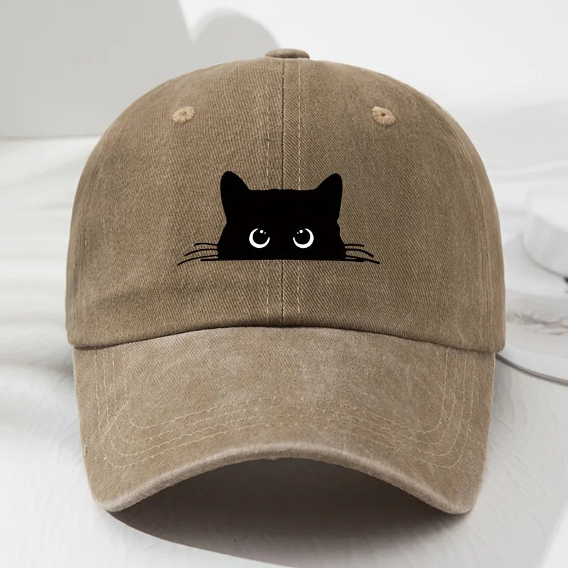Cute cat print vintage washed baseball cap for men and women, versatile casual curved brim hat