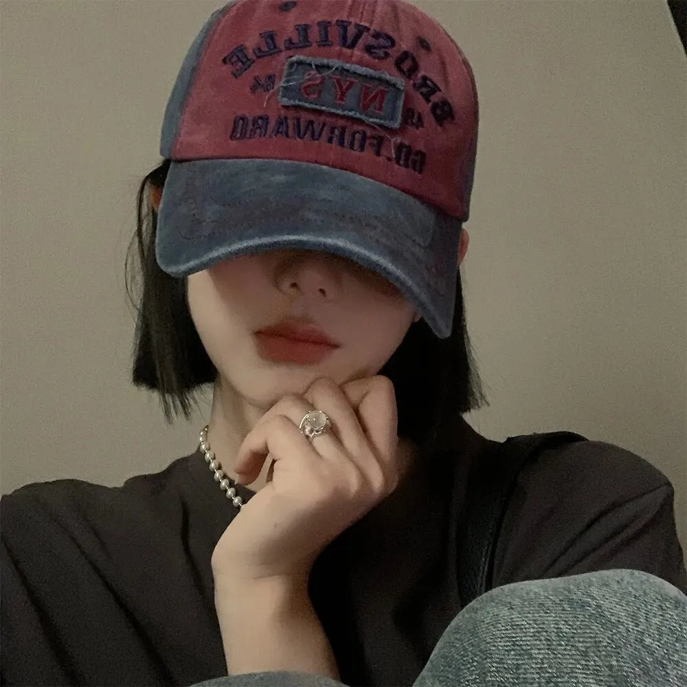 American Retro Baseball Hat Women's Soft Top Letter Washed Cowboy Duck Tongue Hat Wide Brim Big Head Surrounding Face Small Hat