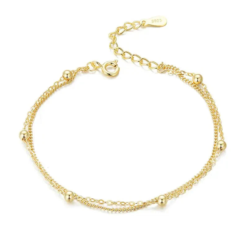 BAMOER 925 Silver Chain Bracelet Double Layers Round Beads Link Chain Bracelets Women 7.48'' Adjustable 14K Gold Plated Jewelry