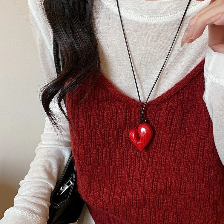LATS New Heart Pendant Necklace for Women Men 85CM Adjustable Pull-out Sweater Chain Fashion Jewelry Accessory Gift