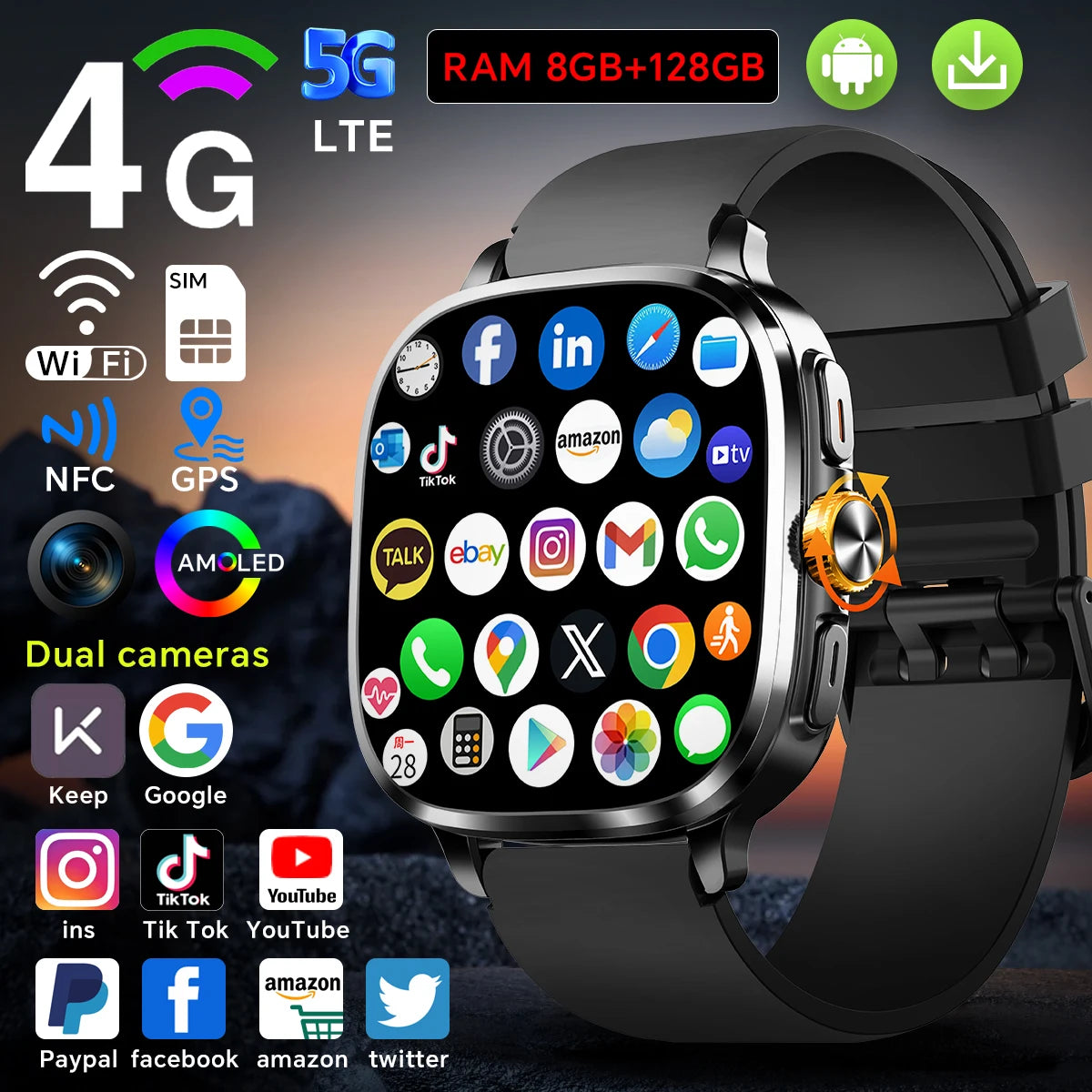 New Android 13.0 Cellular Version Smart Watch 5G LTE Smartwatch With 2.4inch Amoled Screen Sim Card Slot Google Play Store GPS
