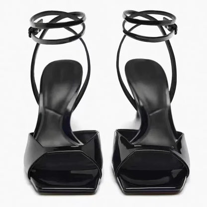 TRAF Women's Sexy Black High Heels 2024 Elegant Squared Toe Pumps Female Fashion Ankle Strap Sandals Ladies Stiletto Slingbacks